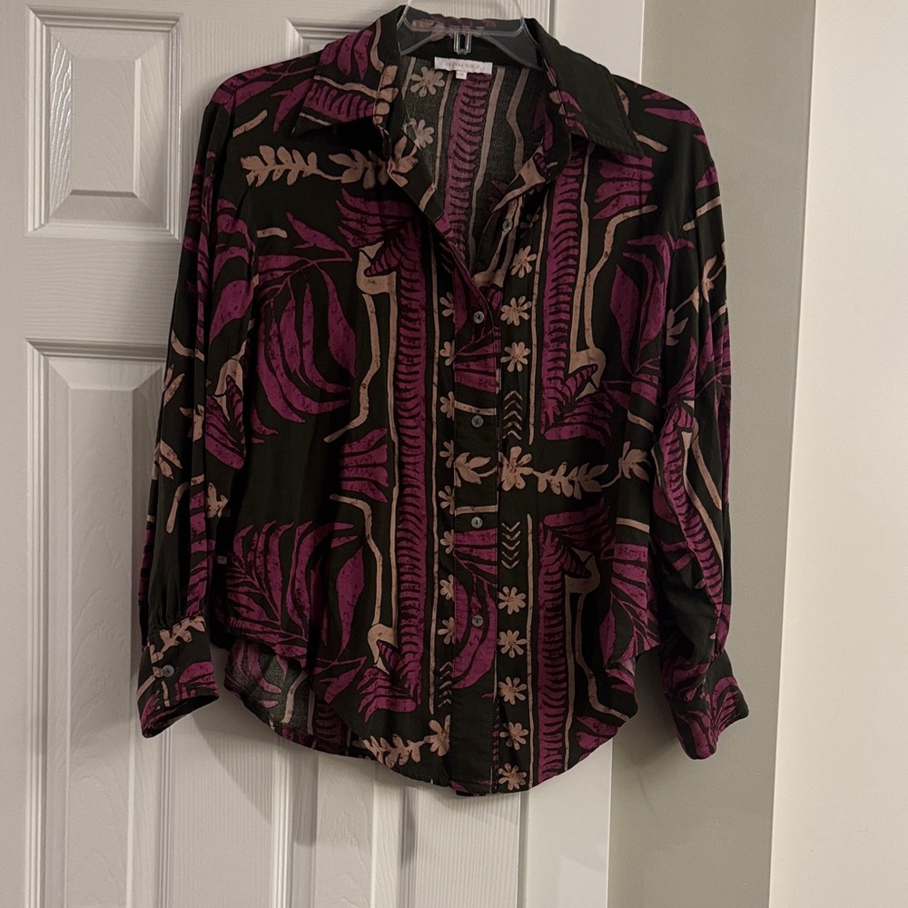Olivaceous Black Button-Front Blouse with Plum and Tan Floral Motif